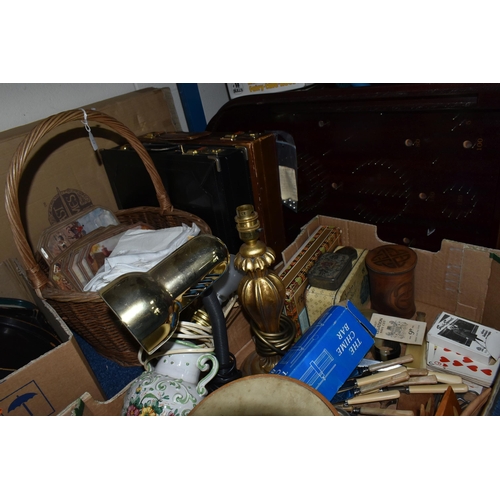 614 - TWO BOXES AND LOOSE METAL WARES AND SUNDRY ITEMS, to include assorted metal, japanned and other tray... 