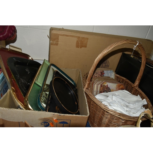 614 - TWO BOXES AND LOOSE METAL WARES AND SUNDRY ITEMS, to include assorted metal, japanned and other tray... 