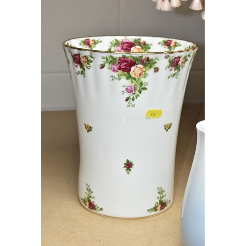 616 - SIX DECORATIVE CERAMIC ITEMS, comprising  Royal Albert Old Country Roses waste paper bin / large vas... 