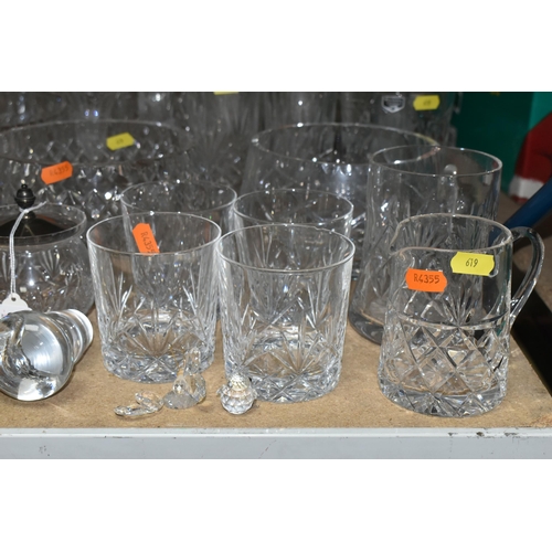 619 - A QUANTITY OF CUT GLASS ETC, to include sets of four wine glasses, whiskey tumblers, water glasses, ... 