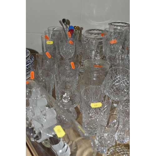 619 - A QUANTITY OF CUT GLASS ETC, to include sets of four wine glasses, whiskey tumblers, water glasses, ... 