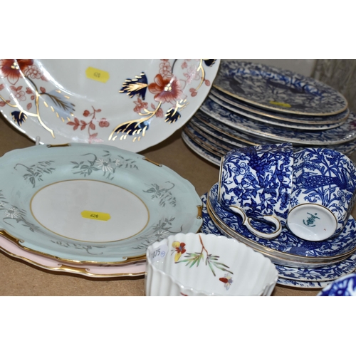 620 - A SMALL COLLECTION OF ROYAL CROWN DERBY AND COPELAND CHINA WARES, comprising  nine 20.5 cm blue peac... 