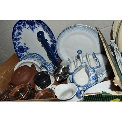 628 - FOUR BOXES AND LOOSE CERAMICS AND KITCHEN WARES ETC, to include a 27cm salt glazed jug - firing crac... 