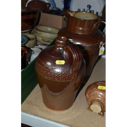 628 - FOUR BOXES AND LOOSE CERAMICS AND KITCHEN WARES ETC, to include a 27cm salt glazed jug - firing crac... 