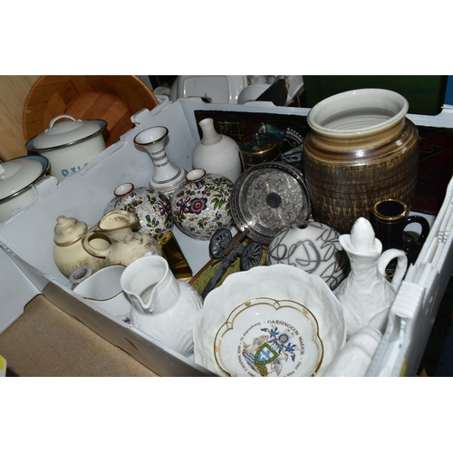 628 - FOUR BOXES AND LOOSE CERAMICS AND KITCHEN WARES ETC, to include a 27cm salt glazed jug - firing crac... 