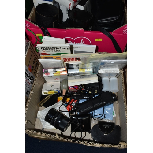 637 - FOUR BOXES OF PHOTOGRAPHIC EQUIPMENT AND ACCESSORIES ETC, to include a Canon EOS 3000V 35mm SLR came... 