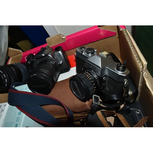 637 - FOUR BOXES OF PHOTOGRAPHIC EQUIPMENT AND ACCESSORIES ETC, to include a Canon EOS 3000V 35mm SLR came... 