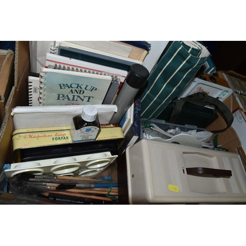 638 - TWO BOXES OF ART SUPPLIES AND ART RELATED BOOKS ETC, to include assorted paint brushes, part used tu... 