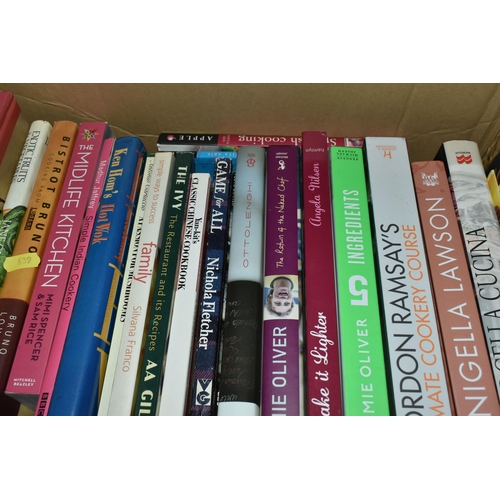 639 - SIX BOXES OF FOOD AND COOKING RELATED BOOKS, to include books by Tom Kerridge, Jamie Oliver, Gordon ... 