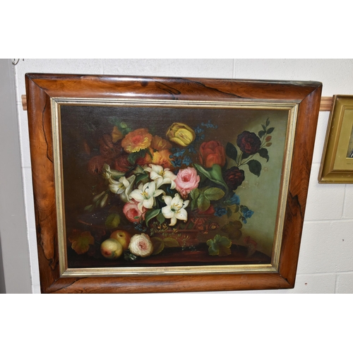 642 - EDWIN STEELE (1850-1912) A STILL LIFE STUDY OF FLOWERS AND FRUIT, flowers include Tulips, Roses, Iri... 