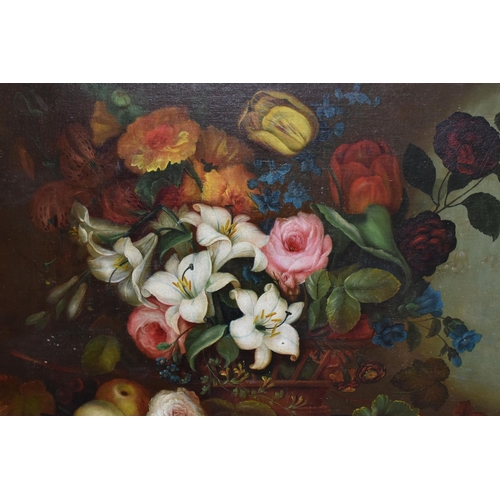 642 - EDWIN STEELE (1850-1912) A STILL LIFE STUDY OF FLOWERS AND FRUIT, flowers include Tulips, Roses, Iri... 