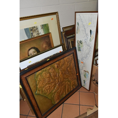 643 - TWO BOXES AND LOOSE PICTURES AND PRINTS ETC, to include an oil on board depicting Aros Bridge in Mul... 