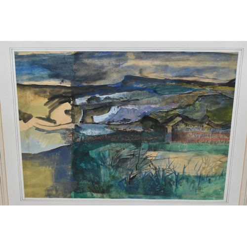 645 - R.O SHIRLEY (20TH CENTURY) 'DERBYSHIRE MOORS - EVENING', a modern abstract landscape, signed bottom ... 