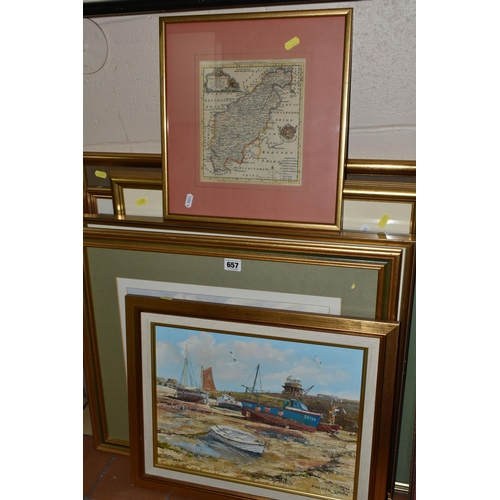 657 - A SMALL QUANTITY OF PAINTINGS AND PRINTS ETC, to include two watercolour landscapes signed and dated... 