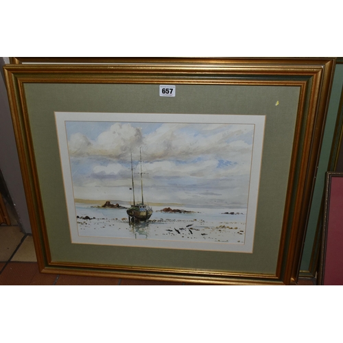 657 - A SMALL QUANTITY OF PAINTINGS AND PRINTS ETC, to include two watercolour landscapes signed and dated... 