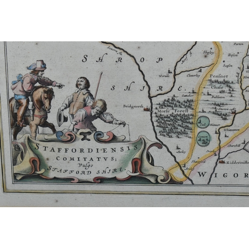 658 - A SMALL QUANTITY OF MAPS, PICTURES AND PRINTS ETC, to include a map of Staffordshire 'Staffordiensis... 