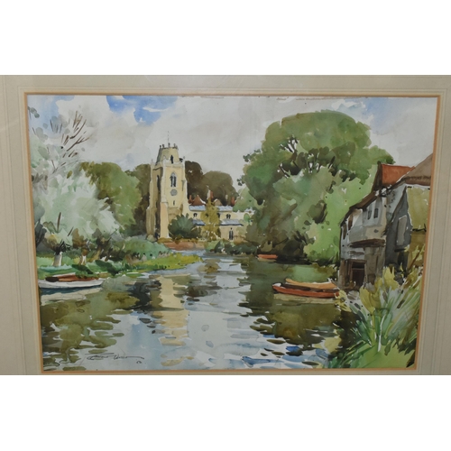 668 - EDWARD WESSON (BRITISH 1910-1983) HEMINGFORD GREY A RIVER LANDSCAPE WITH CHURCH, depicting a view up... 