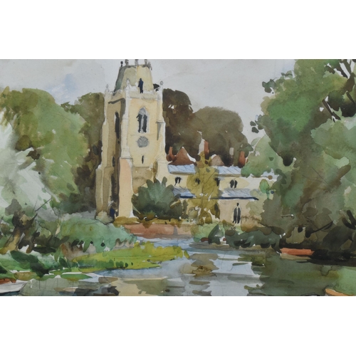 668 - EDWARD WESSON (BRITISH 1910-1983) HEMINGFORD GREY A RIVER LANDSCAPE WITH CHURCH, depicting a view up... 