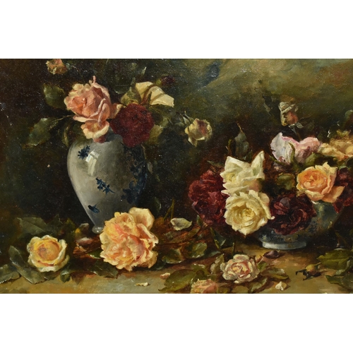 674 - A LATE VICTORIAN STILL LIFE STUDY OF ROSES, the roses are in a blue and white vase and bowl, monogra... 