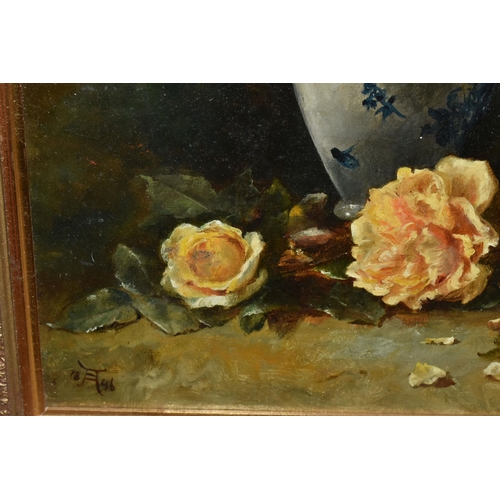 674 - A LATE VICTORIAN STILL LIFE STUDY OF ROSES, the roses are in a blue and white vase and bowl, monogra... 