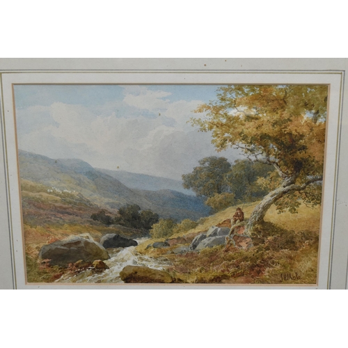 681 - JOHN HENRY MOLE (1814-1886) AN ANGLER SITS OF THE BANKS OF A SMALL STREAM, a flock of sheep to the h... 