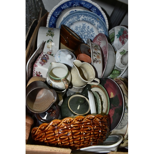 695 - FOUR BOXES OF CERAMICS AND GLASSWARE, to include an 'Eternal Bow' pattern dinner set, tea sets, drin... 