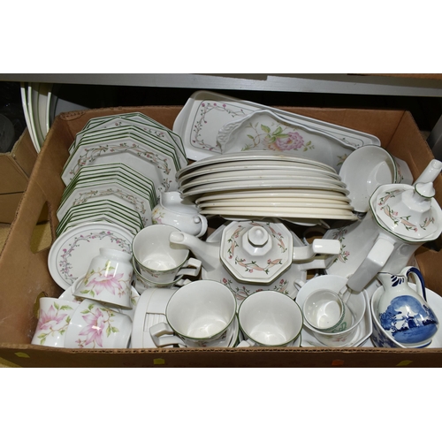 695 - FOUR BOXES OF CERAMICS AND GLASSWARE, to include an 'Eternal Bow' pattern dinner set, tea sets, drin... 