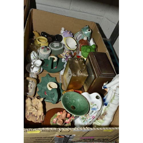 697 - FOUR BOXES OF ASSORTED SUNDRIES, to include an Alfa Alfamatic 103-3 sewing machine, a Chums portable... 