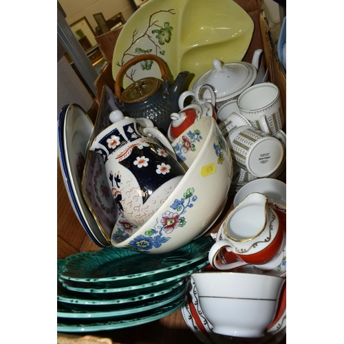 698 - SIX BOXES OF DINNERWARE, TEAWARE AND ORNAMENTS, to include Royal Doulton Lambeth Stoneware 'Summer d... 