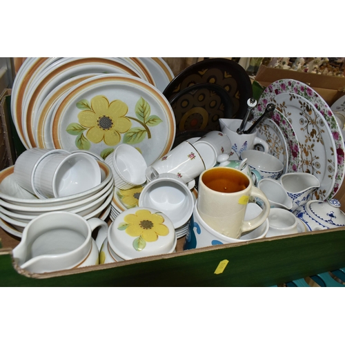 698 - SIX BOXES OF DINNERWARE, TEAWARE AND ORNAMENTS, to include Royal Doulton Lambeth Stoneware 'Summer d... 