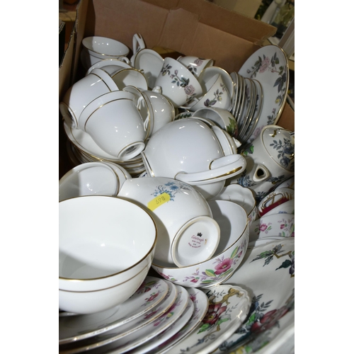 698 - SIX BOXES OF DINNERWARE, TEAWARE AND ORNAMENTS, to include Royal Doulton Lambeth Stoneware 'Summer d... 