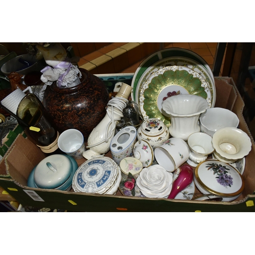 698 - SIX BOXES OF DINNERWARE, TEAWARE AND ORNAMENTS, to include Royal Doulton Lambeth Stoneware 'Summer d... 