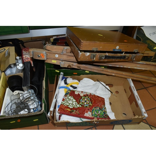 699 - THREE BOXES AND LOOSE ARTISTS MATERIALS, TOOLS, PAINTS AND BOOKS, to include a Winsor & Newton Ltd a... 