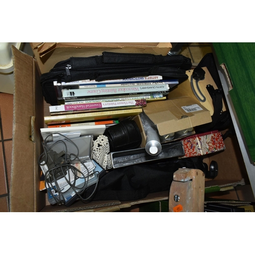 699 - THREE BOXES AND LOOSE ARTISTS MATERIALS, TOOLS, PAINTS AND BOOKS, to include a Winsor & Newton Ltd a... 