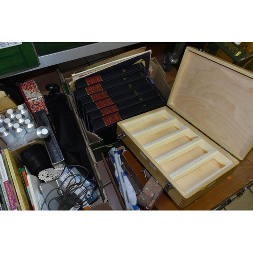 699 - THREE BOXES AND LOOSE ARTISTS MATERIALS, TOOLS, PAINTS AND BOOKS, to include a Winsor & Newton Ltd a... 