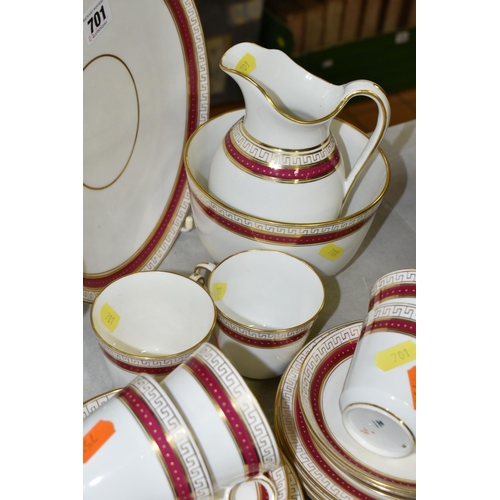 701 - A TWENTY ONE PIECE COPELAND TEA SET AND A COLLECTION OF MINIATURE CERAMICS ETC, having a red border ... 