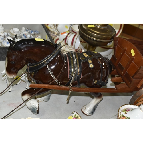 702 - A GROUP OF FOUR BESWICK WHITE AND BROWN GLOSS FOALS, ANOTHER FOAL, A SHIRE HORSE WITH WOODEN CART AN... 