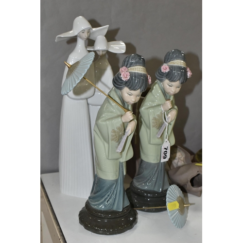 709 - FOUR LLADRO FIGURES, comprising two x 'Oriental Spring' no 4988, designed by Salvador Debon, issued ... 