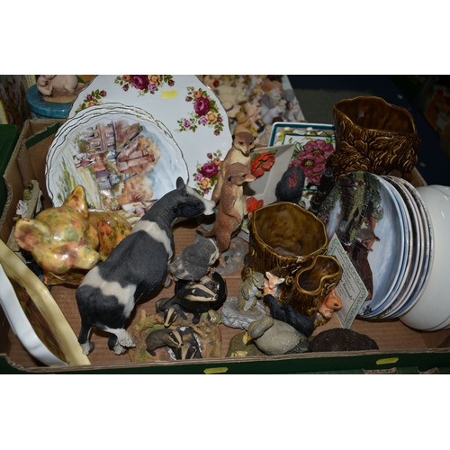 575 - THREE BOXES OF CERAMICS, to include a Sylvac fawn trinket dish 4293, an Aynsley 'Primrose' cup and s... 