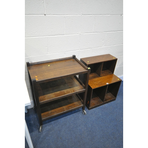 1295 - AN OAK TWO TIER OPEN BOOKCASE, along with an oak tea trolley, a white Formica kitchen table and two ... 