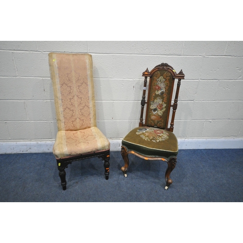 1297 - A VICTORIAN WALNUT NEEDLEWORK CHAIR, with reeded uprights, on ceramic casters, and another high back... 