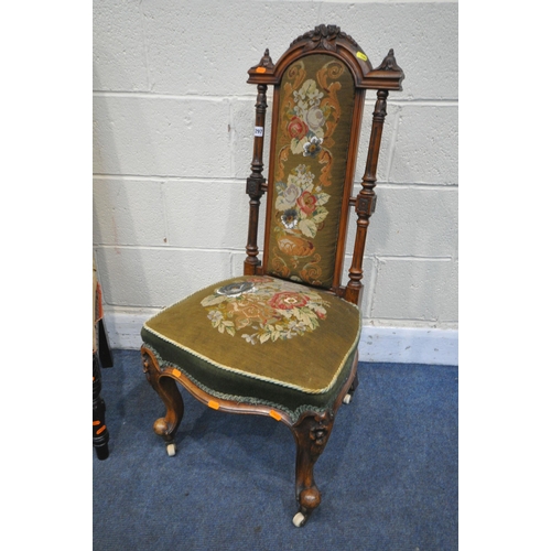 1297 - A VICTORIAN WALNUT NEEDLEWORK CHAIR, with reeded uprights, on ceramic casters, and another high back... 