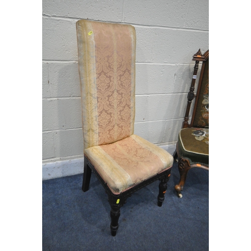 1297 - A VICTORIAN WALNUT NEEDLEWORK CHAIR, with reeded uprights, on ceramic casters, and another high back... 