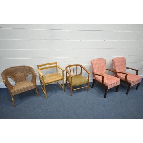 1298 - A SELECTION OF VARIOUS CHAIRS, to include a mid-century beech bergère seated armchair, a mid-century... 