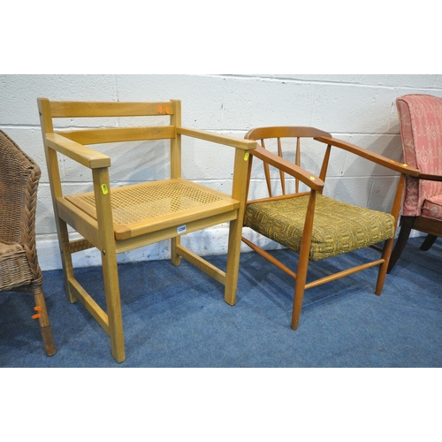 1298 - A SELECTION OF VARIOUS CHAIRS, to include a mid-century beech bergère seated armchair, a mid-century... 