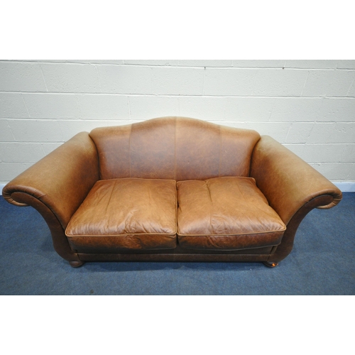 1302 - A BROWN LEATHER TWO SEATER SETTEE, with scrolled armrests, length 199cm x depth 97cm x heigh 90cm (c... 