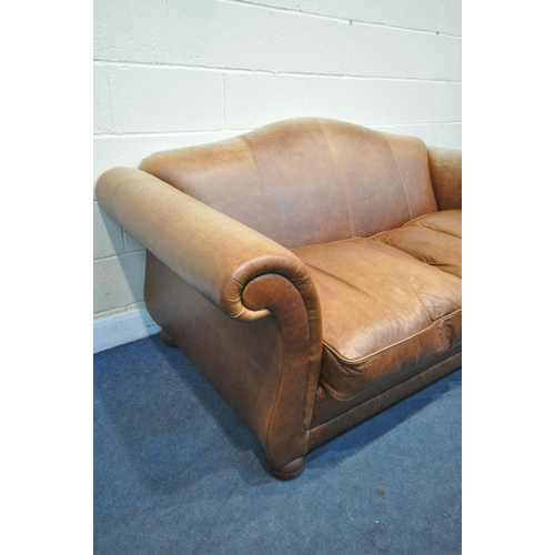 1302 - A BROWN LEATHER TWO SEATER SETTEE, with scrolled armrests, length 199cm x depth 97cm x heigh 90cm (c... 