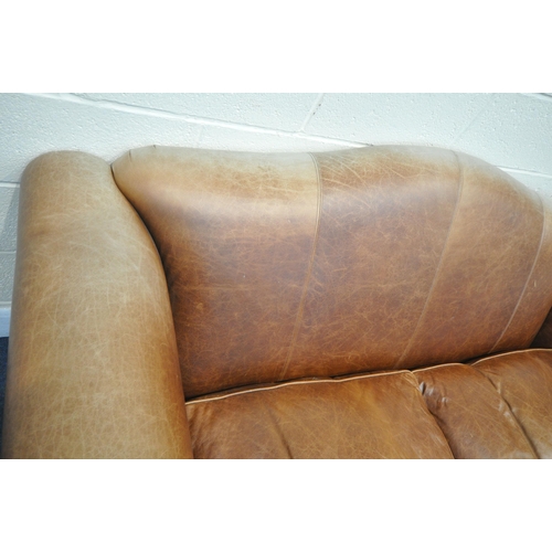 1302 - A BROWN LEATHER TWO SEATER SETTEE, with scrolled armrests, length 199cm x depth 97cm x heigh 90cm (c... 