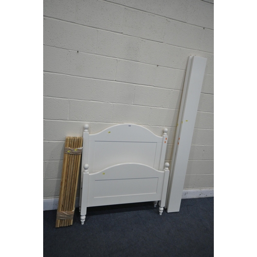 1315 - A MODERN WHITE SINGLE BED STEAD, with side rails and slats (condition - some scuffs)