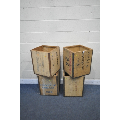 1318 - FOUR VINTAGE TEA CRATES, with various marks including Liverpool, Tanzania, Avonmouth, etc, all 41cm ... 